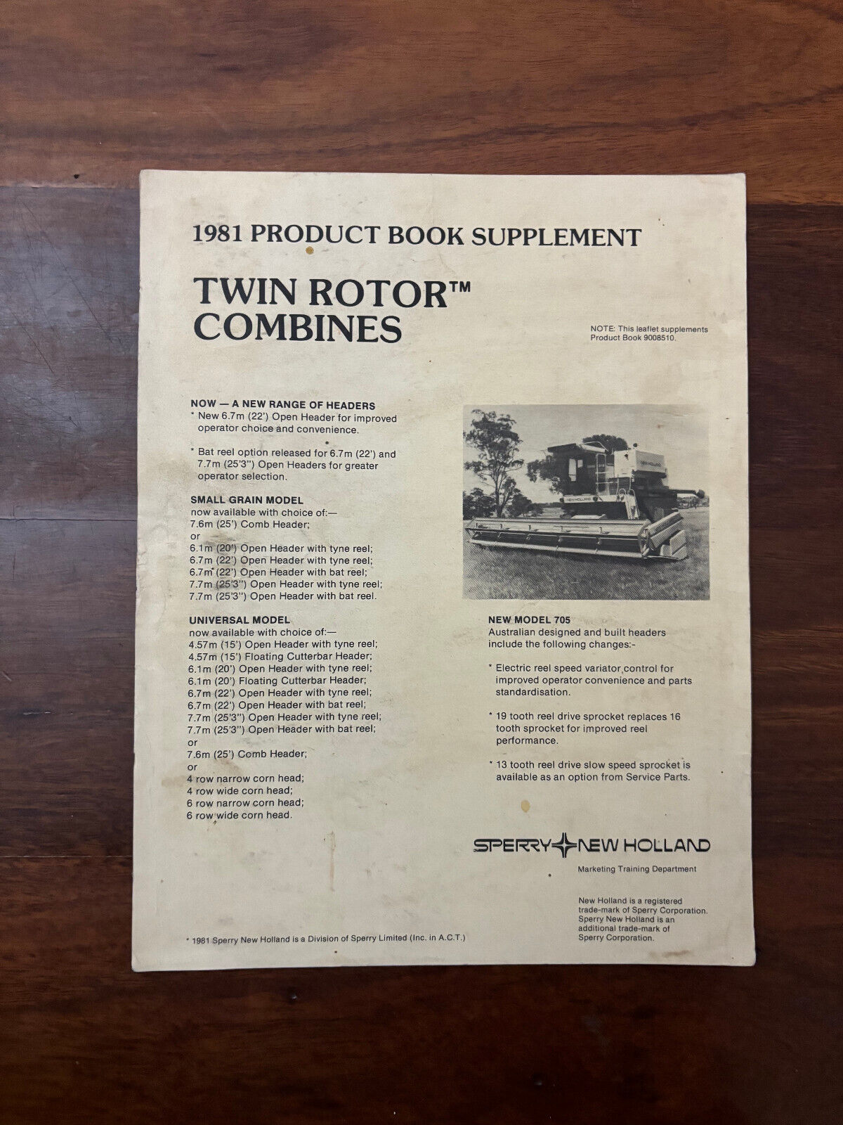 SPERRY NEW HOLLAND 1981 PRODUCT BOOK SUPPLEMENT TWIN ROTOR COMBINES