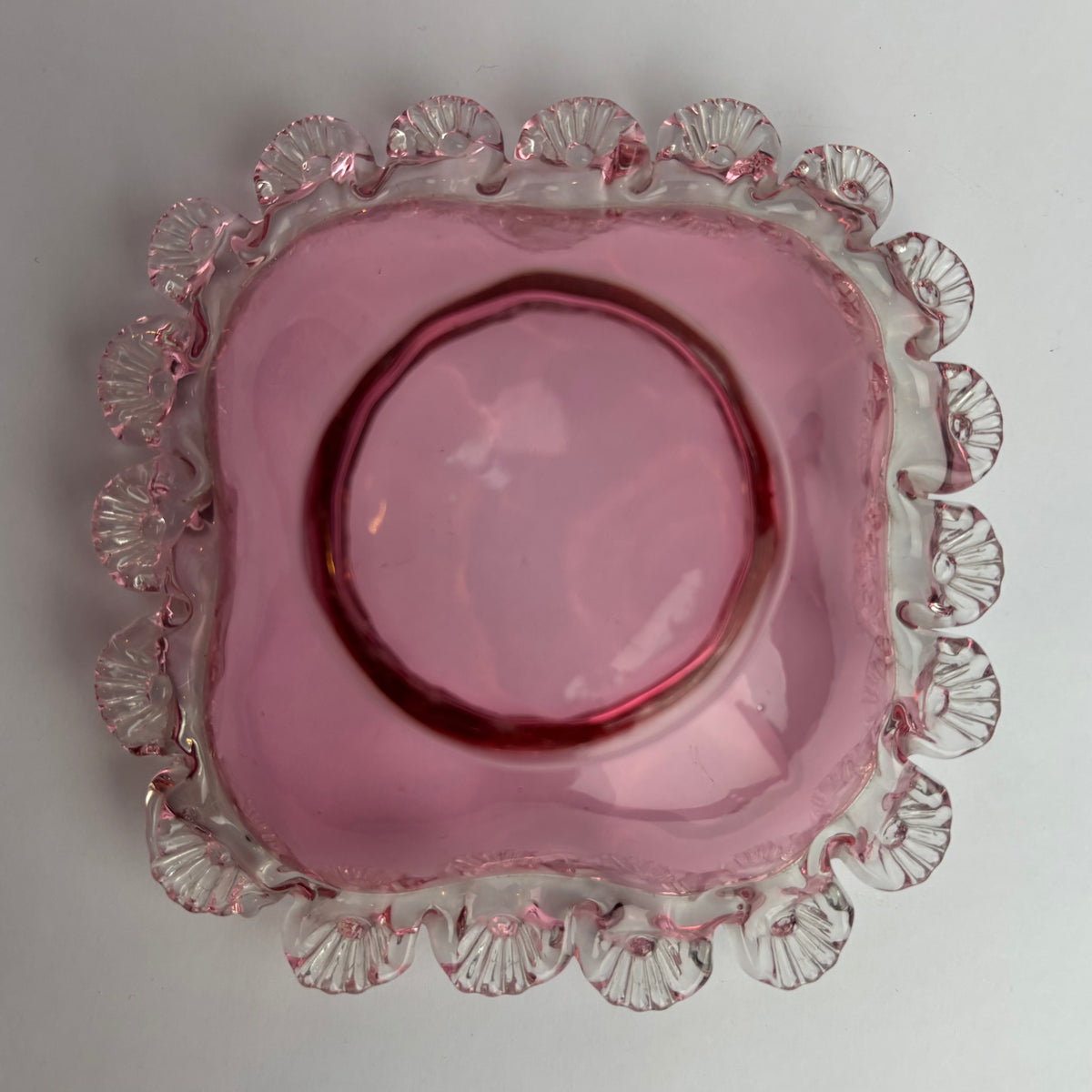 Victorian Cranberry Glass Square Bowl with Applied Clear Rim c. 1880–1900