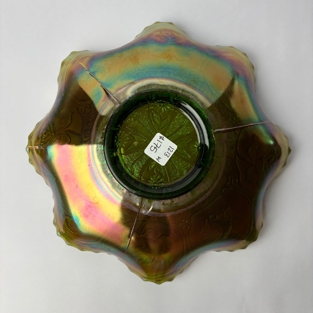 Vintage Fenton “Dragon & Lotus” Carnival Glass Bowl – Marigold on Green