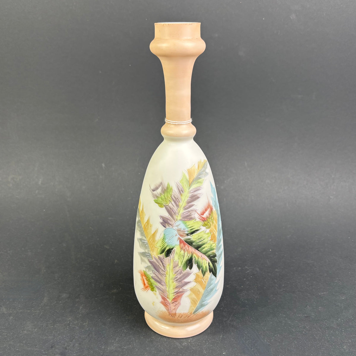 Victorian Satin Cased Art Glass Vase with Hand-Enamelled Feather Decoration c.1890