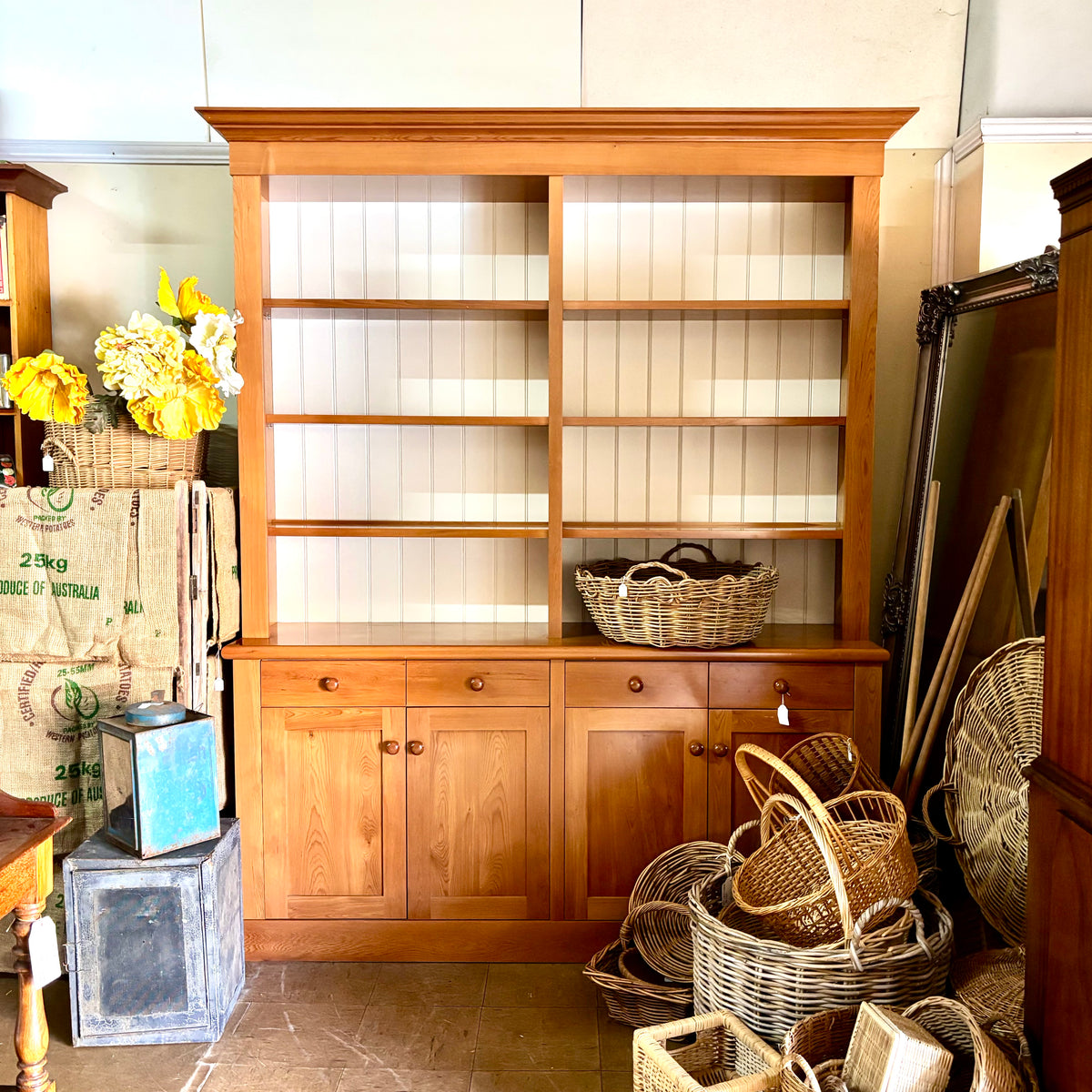Large Country Pine Hutch / Bookcase Cabinet