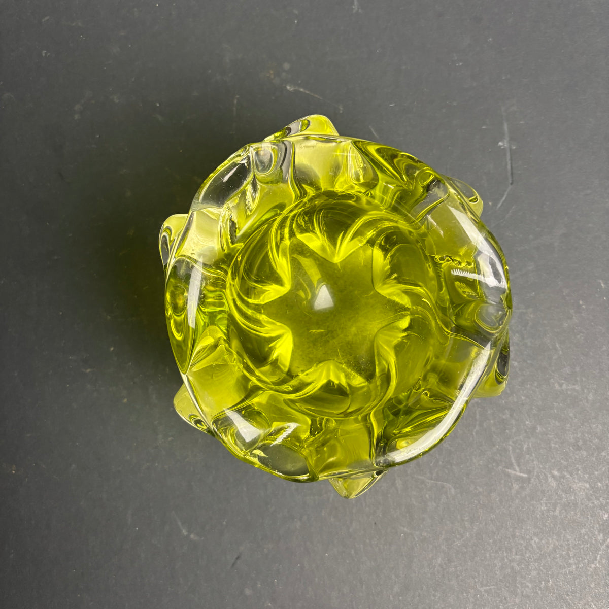 Mid Century Lime Green Art Glass Bowl – Sculptural Vintage Dish