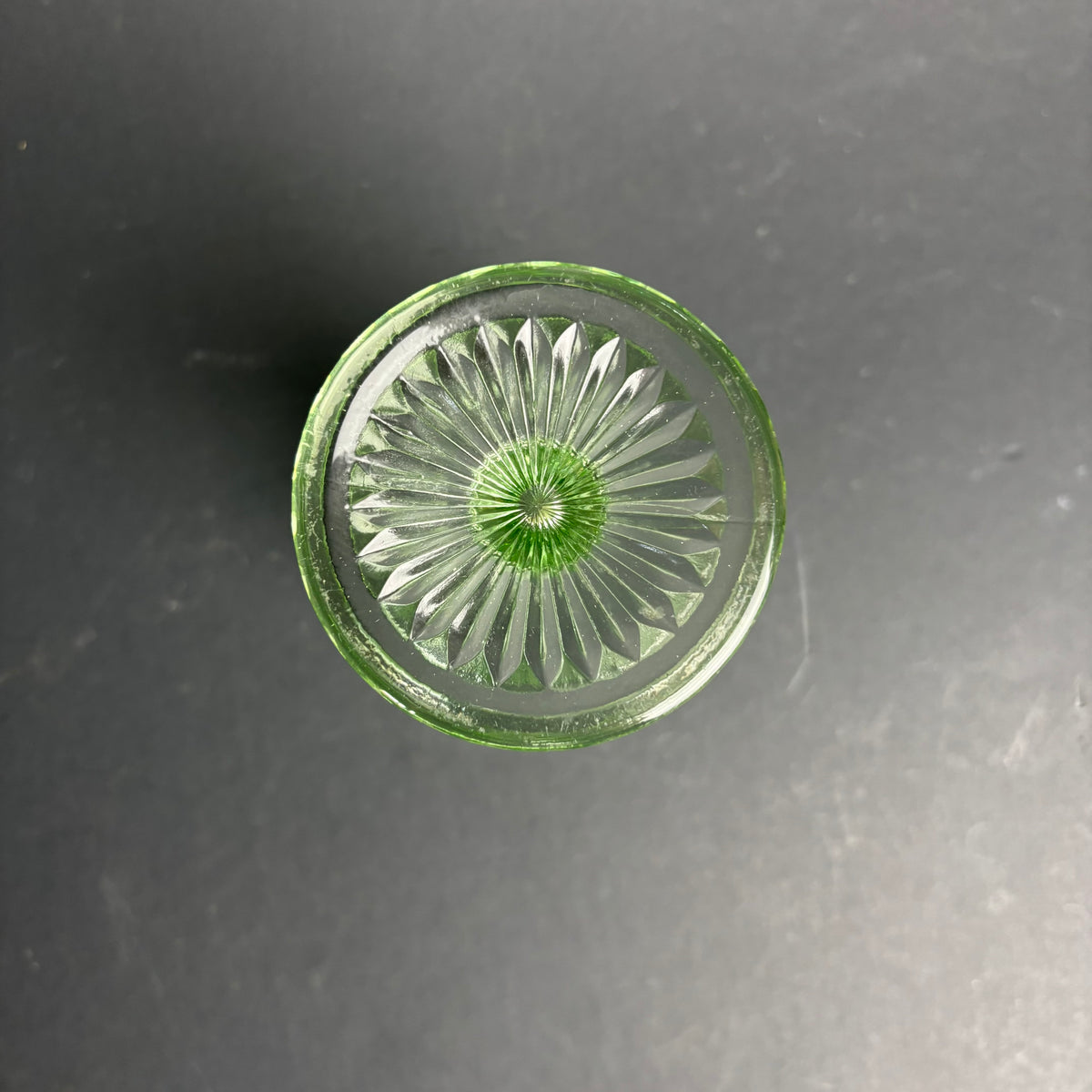Vintage Green Pressed Glass Trumpet Vase – Art Deco Style Stepped Stem