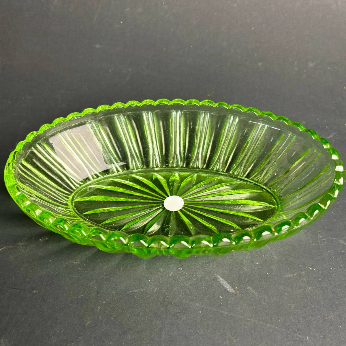 Vintage Green Glass Oval Dish – Pressed Glass Serving Bowl