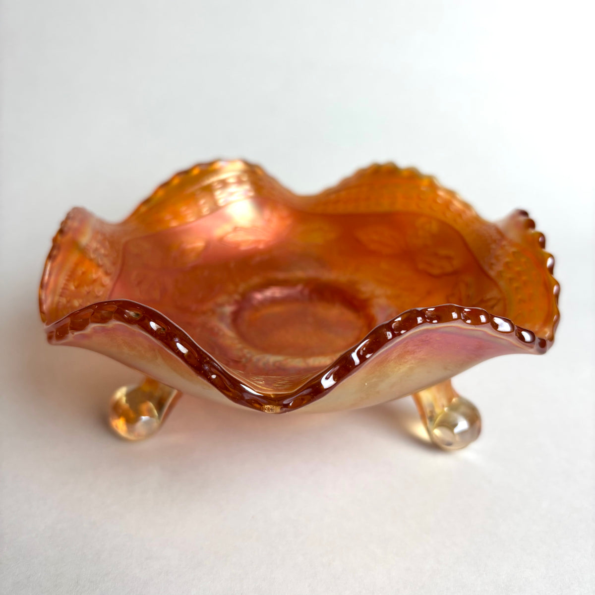 Fenton Marigold Carnival Glass Bowl Two Flowers Ball Footed Vintage