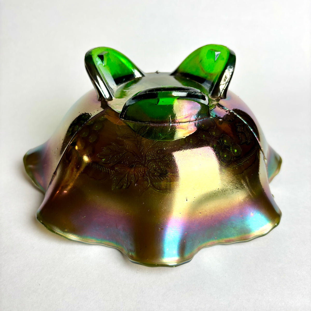 Northwood Grape & Cable Carnival Glass Bowl Green Footed Ruffled Antique