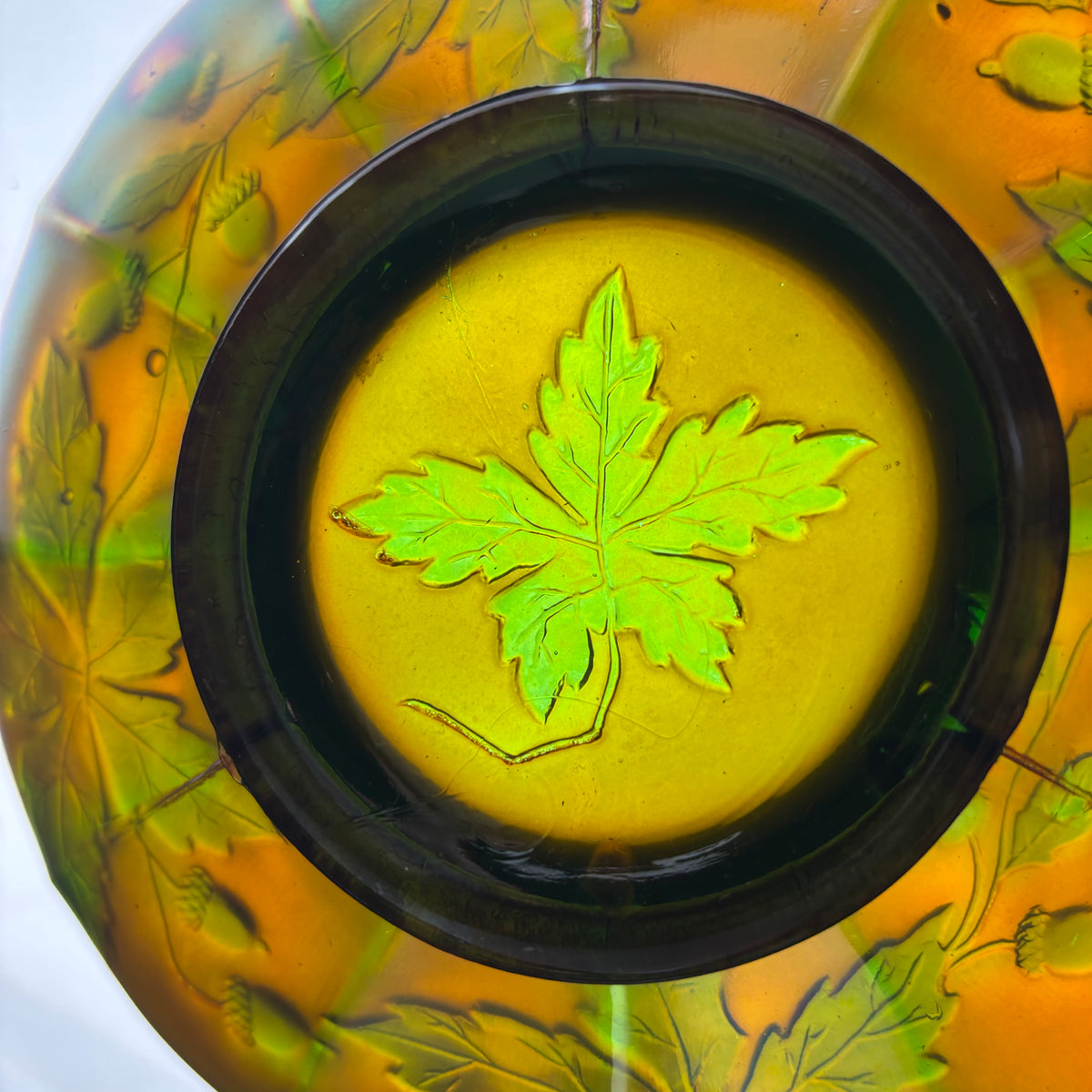 Fenton Autumn Acorns Carnival Glass Bowl Green Blue Iridescent c1900s