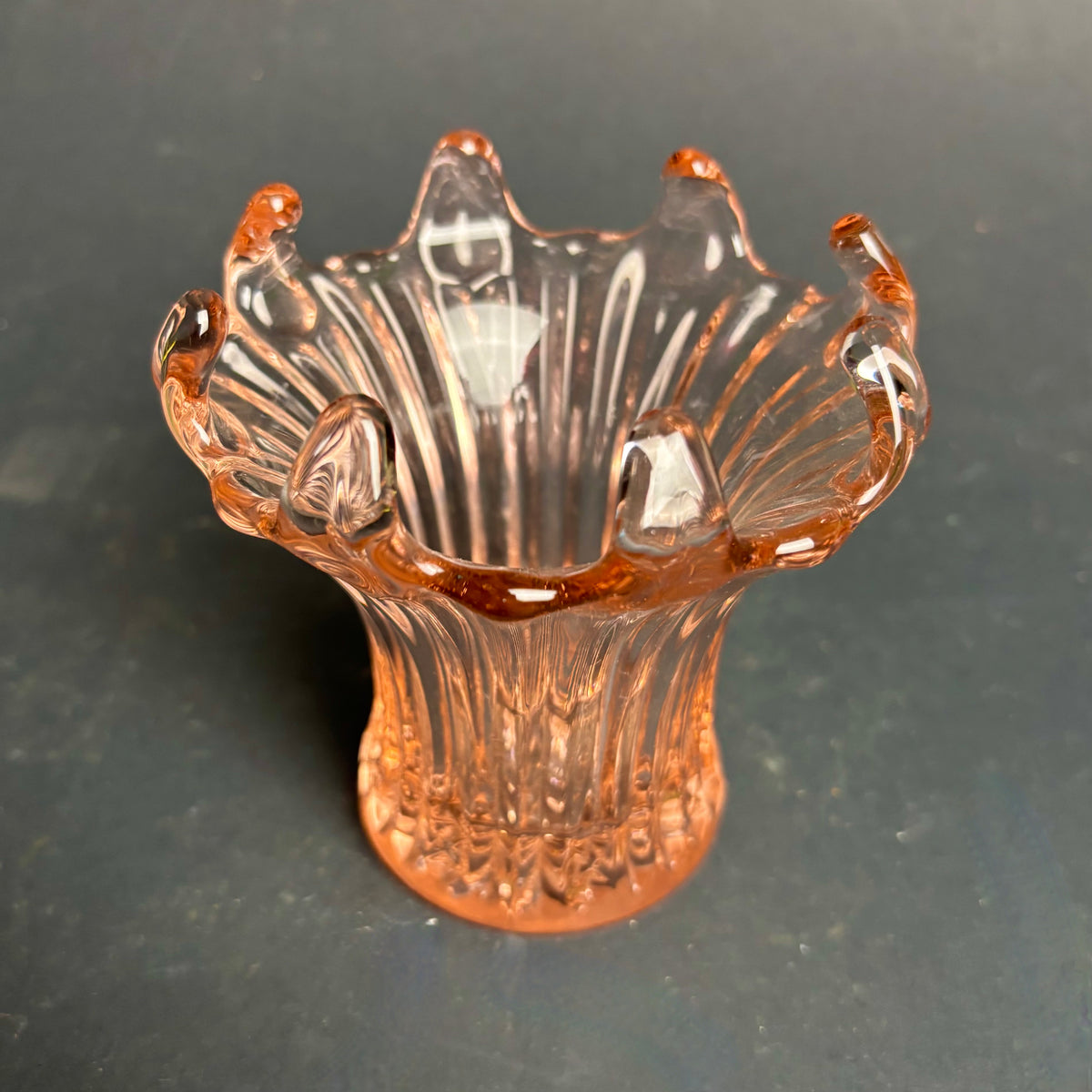 Vintage Pink Pressed Glass Ruffle Vase