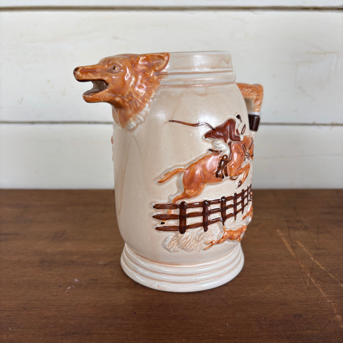 English Hunting Scene Pitcher with Fox Head Spout