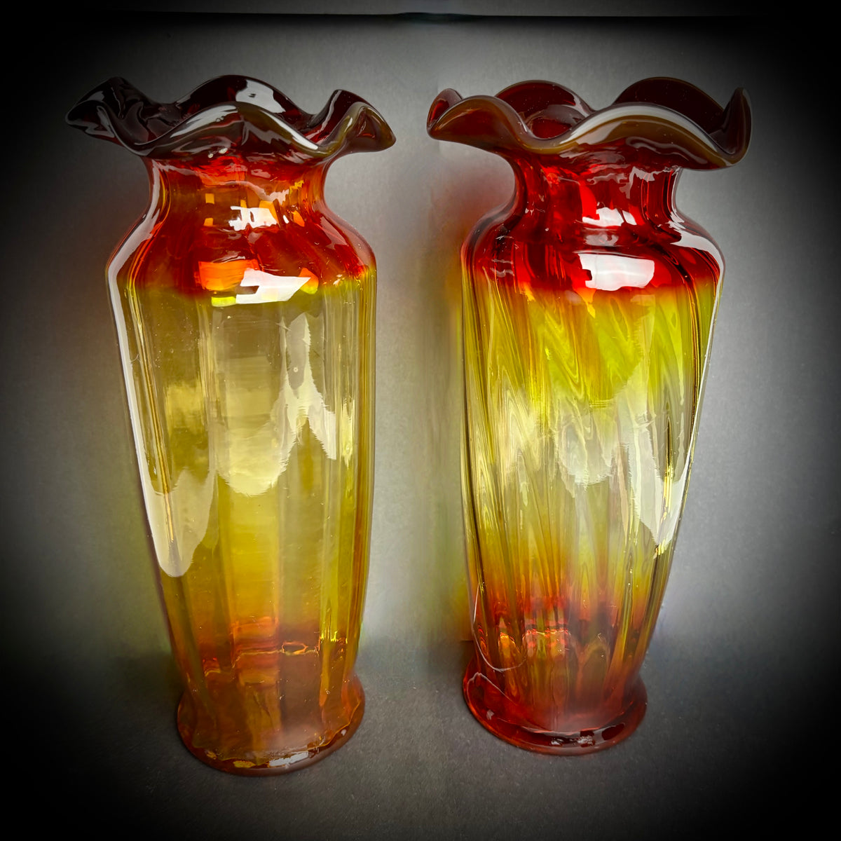 Pair Hand Blown Amberina Art Glass Vases Cadmium Glow 25cm