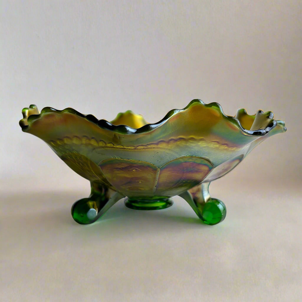 Fenton Green Carnival Glass “Horse Medallion” Footed Bowl