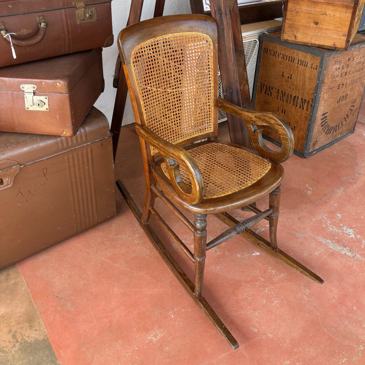Antique Timber Cane Rocking Chair with Scroll Arms