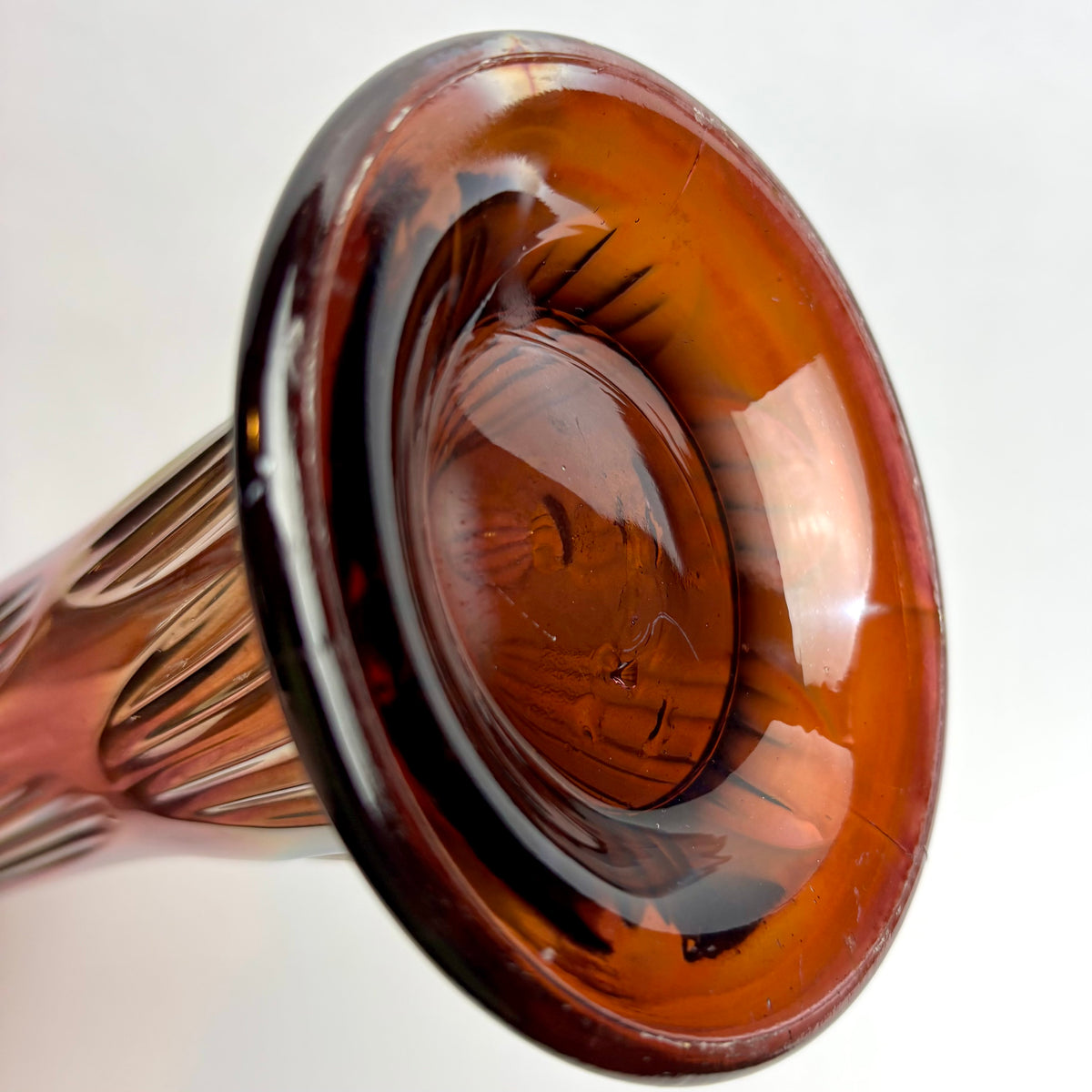 Carnival Glass Trumpet Vase – Amber Tones with Iridescent Finish