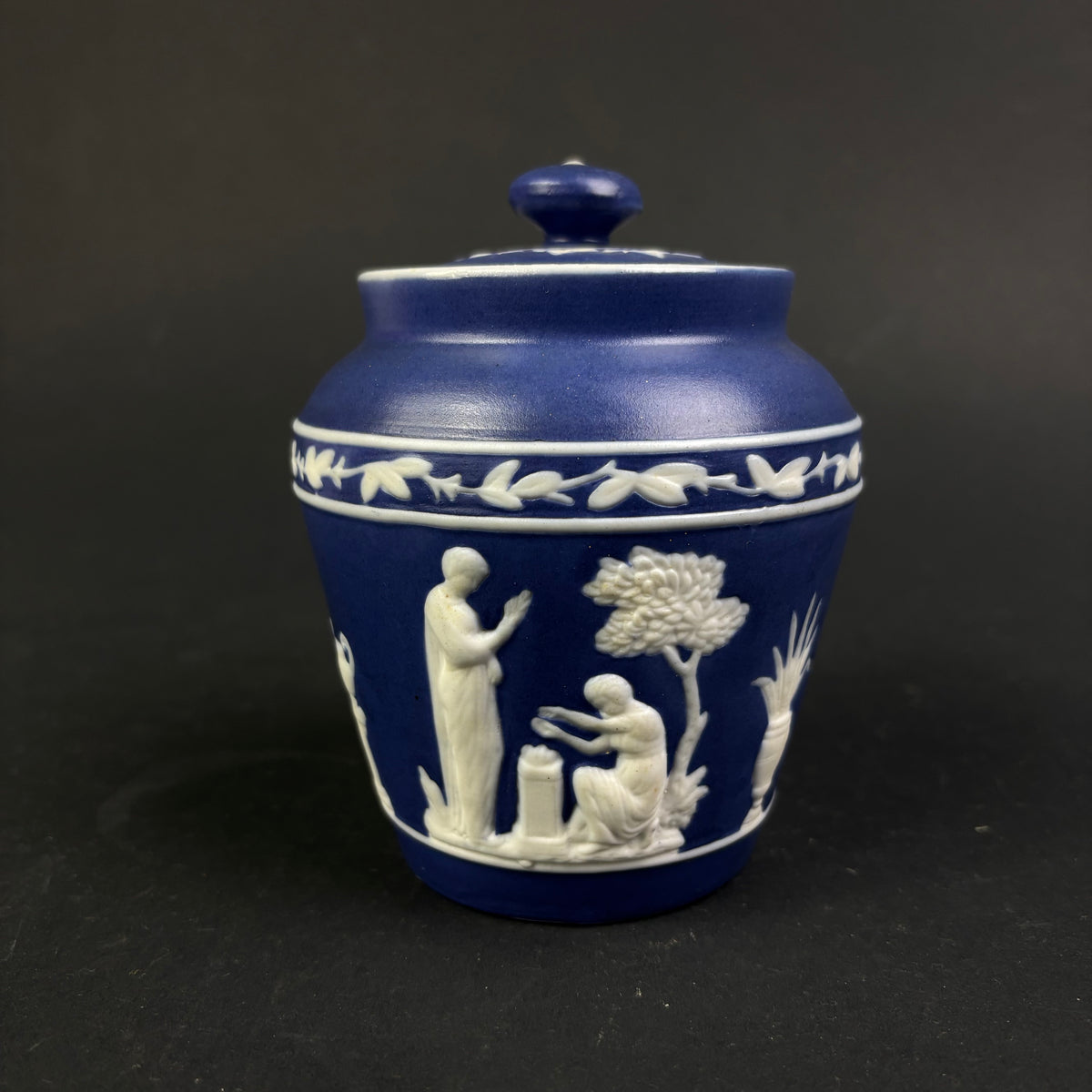 Wedgwood Blue Jasperware Lidded Trinket Jar – Classical Relief – England