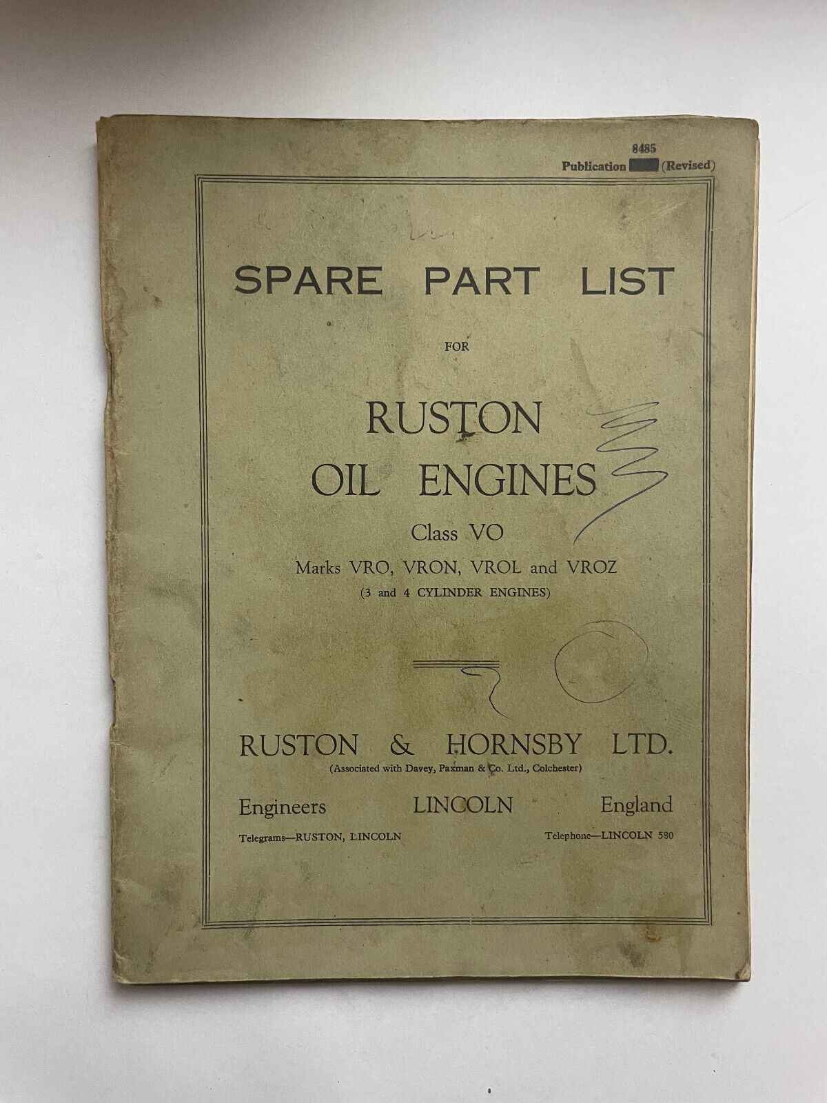 Ruston & Hornsby Oil Engine - Class VO Marks VRO VRON VROL VROZ Parts Manual