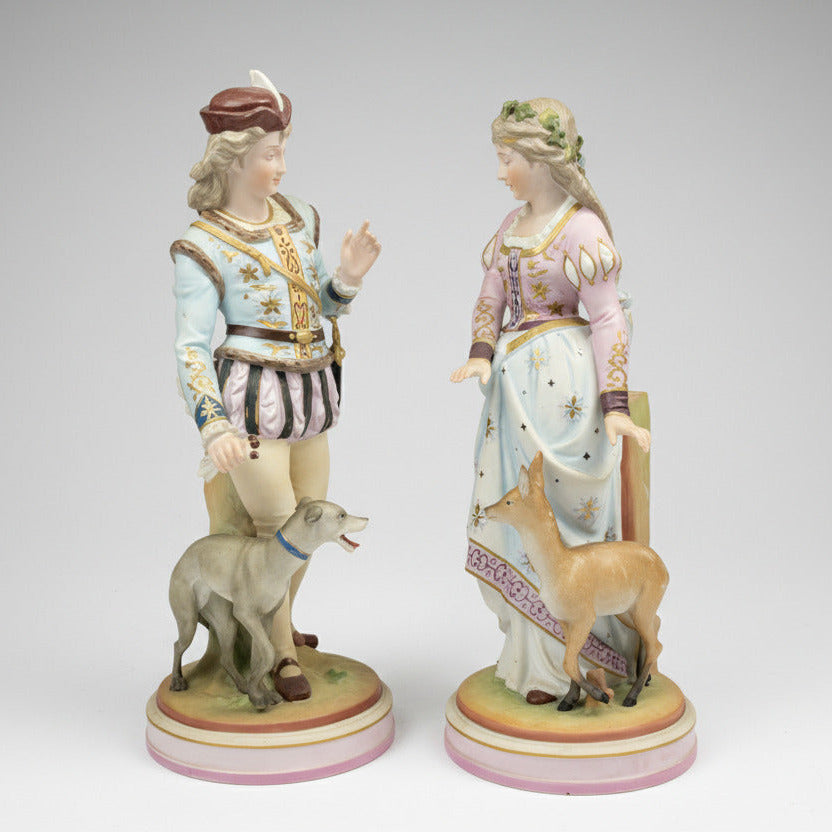 Pair Scheibe-Alsbach Porcelain Figurines with Hound & Fawn – German