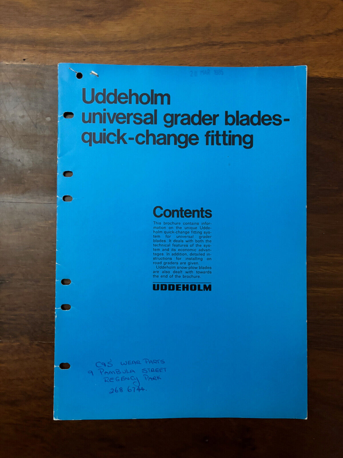 Uddeholm Unioversal grader Blades Quick Change Fitting Bulletin 1985