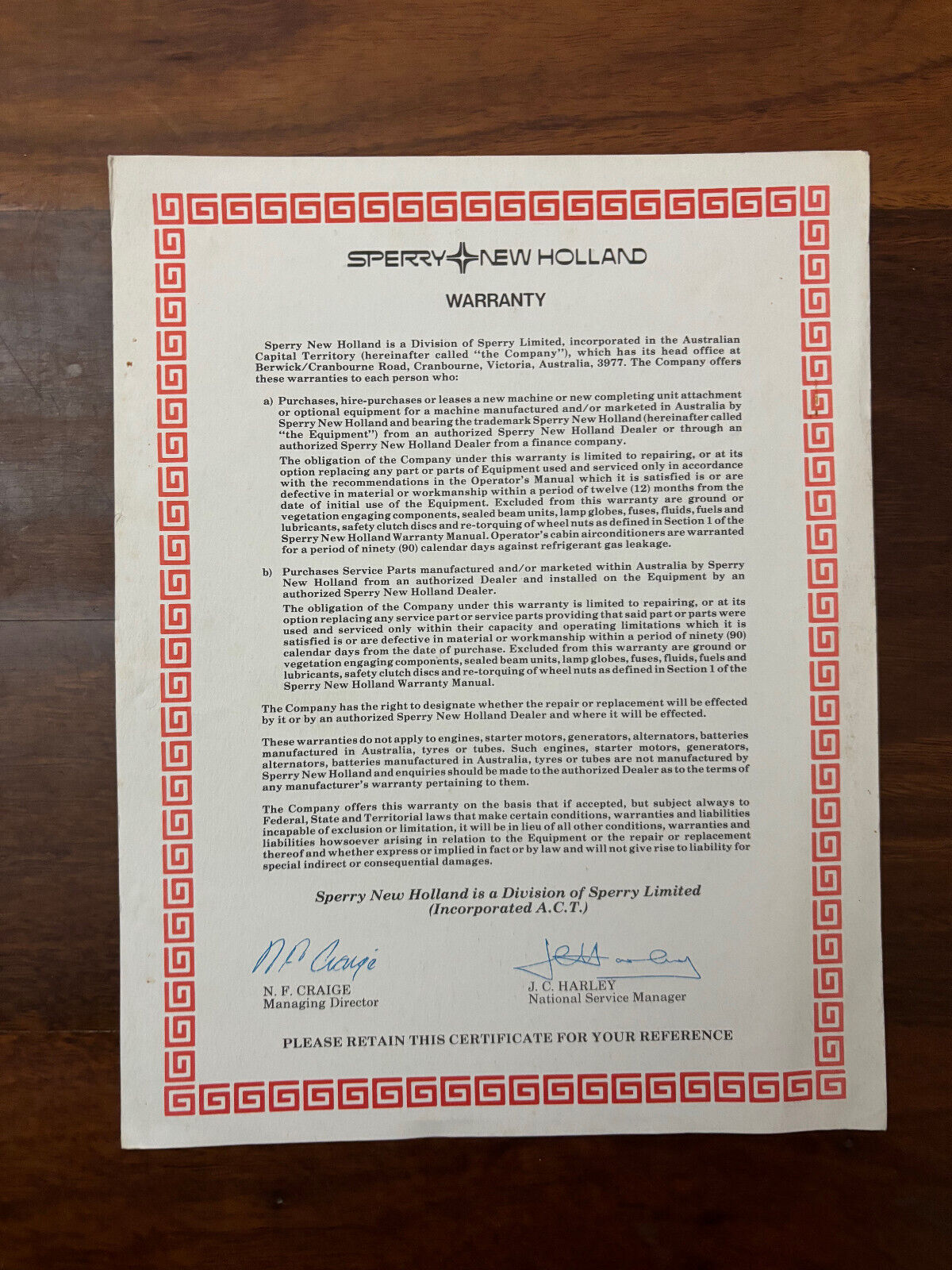 NEW HOLLAND OWNER'S WARRANTY