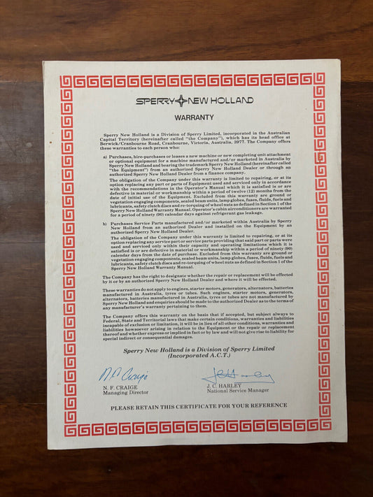 NEW HOLLAND OWNER'S WARRANTY