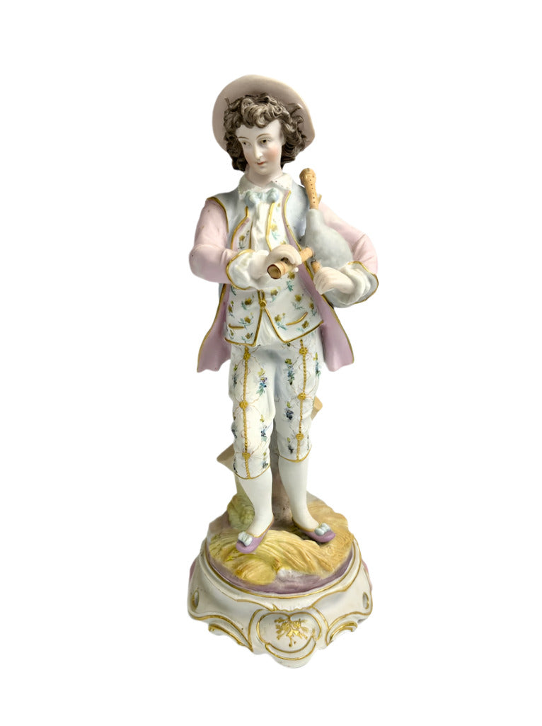 Antique Bisque Porcelain Shepherd Figure with Bagpipes c1900
