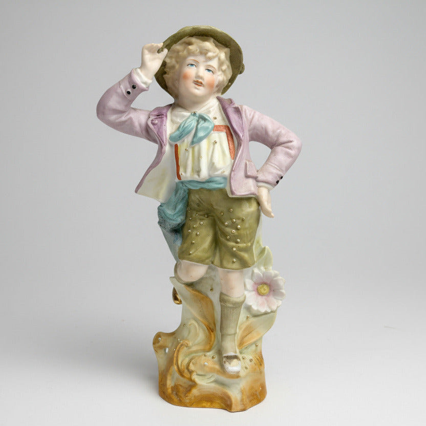 Pair German Bisque Porcelain Figurines Children with Sheep c1900