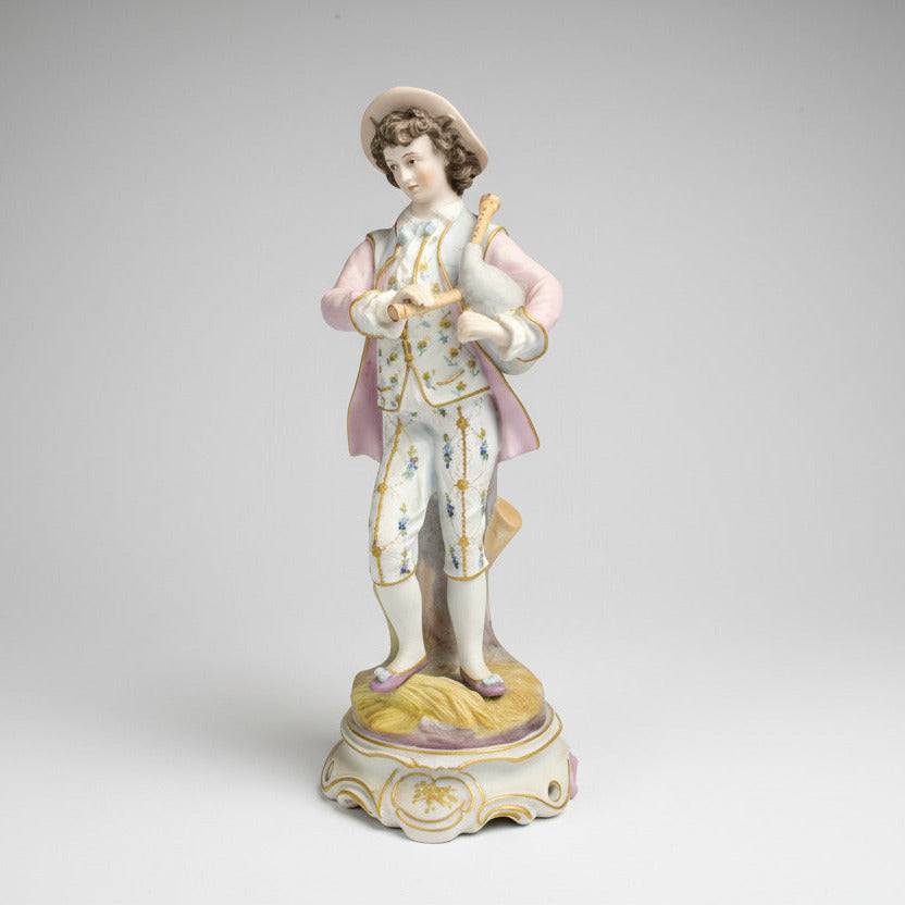 Antique Bisque Porcelain Shepherd Figure with Bagpipes c1900