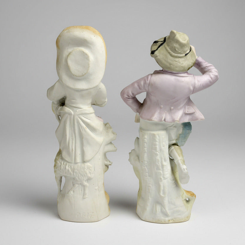 Pair German Bisque Porcelain Figurines Children with Sheep c1900