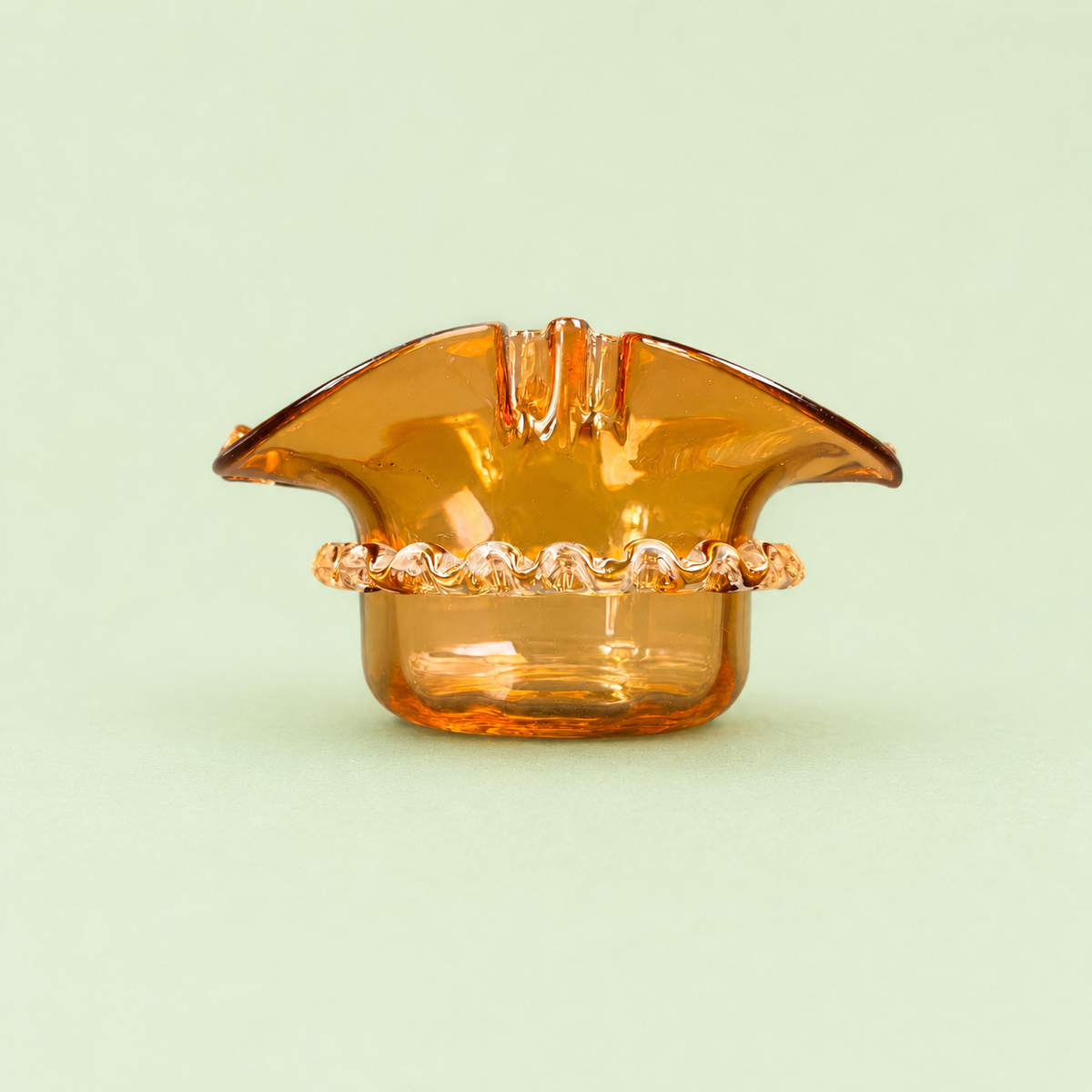 Vintage Italian Murano Amber Art Glass Ashtray with Applied Clear Rigaree Trail c.1960s