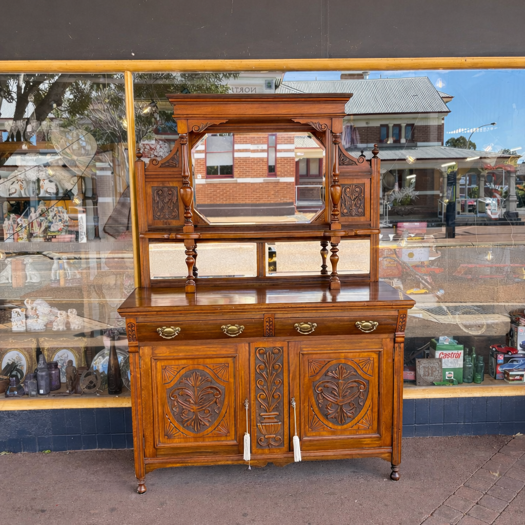 Antique Mahogany Mirrored Sideboard with Carved Panels & Hutch