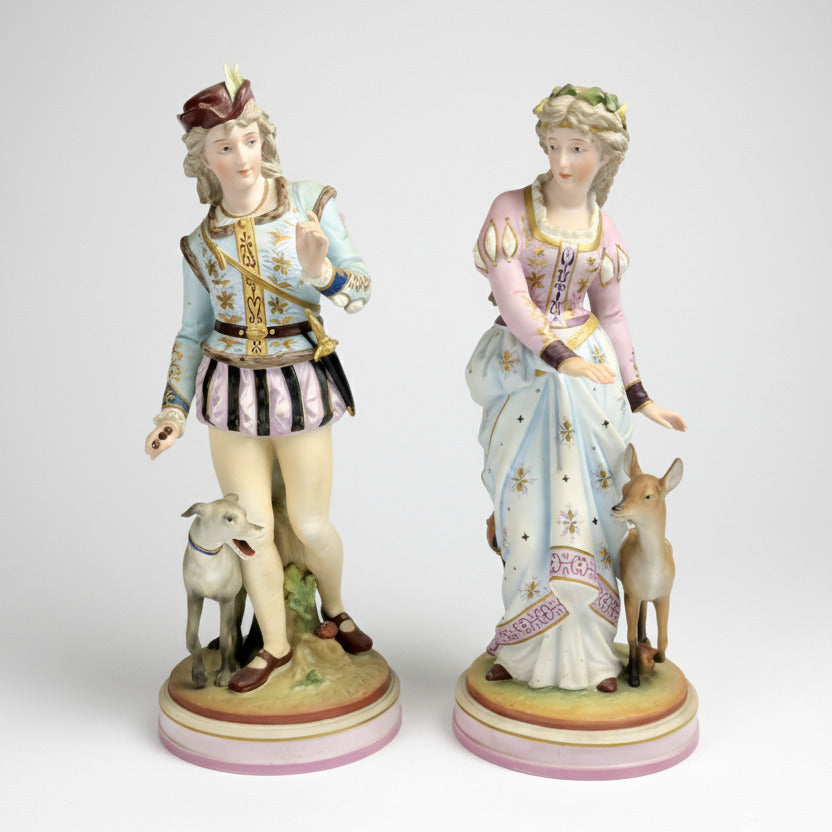 Pair Scheibe-Alsbach Porcelain Figurines with Hound & Fawn – German