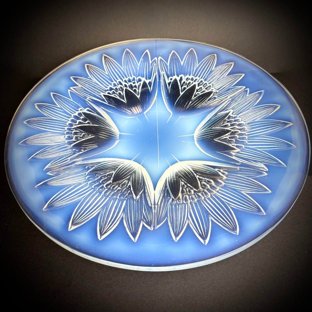 Large French Art Deco Opalescent Glass Dish by Pierre D’Avesn c1930s Signed