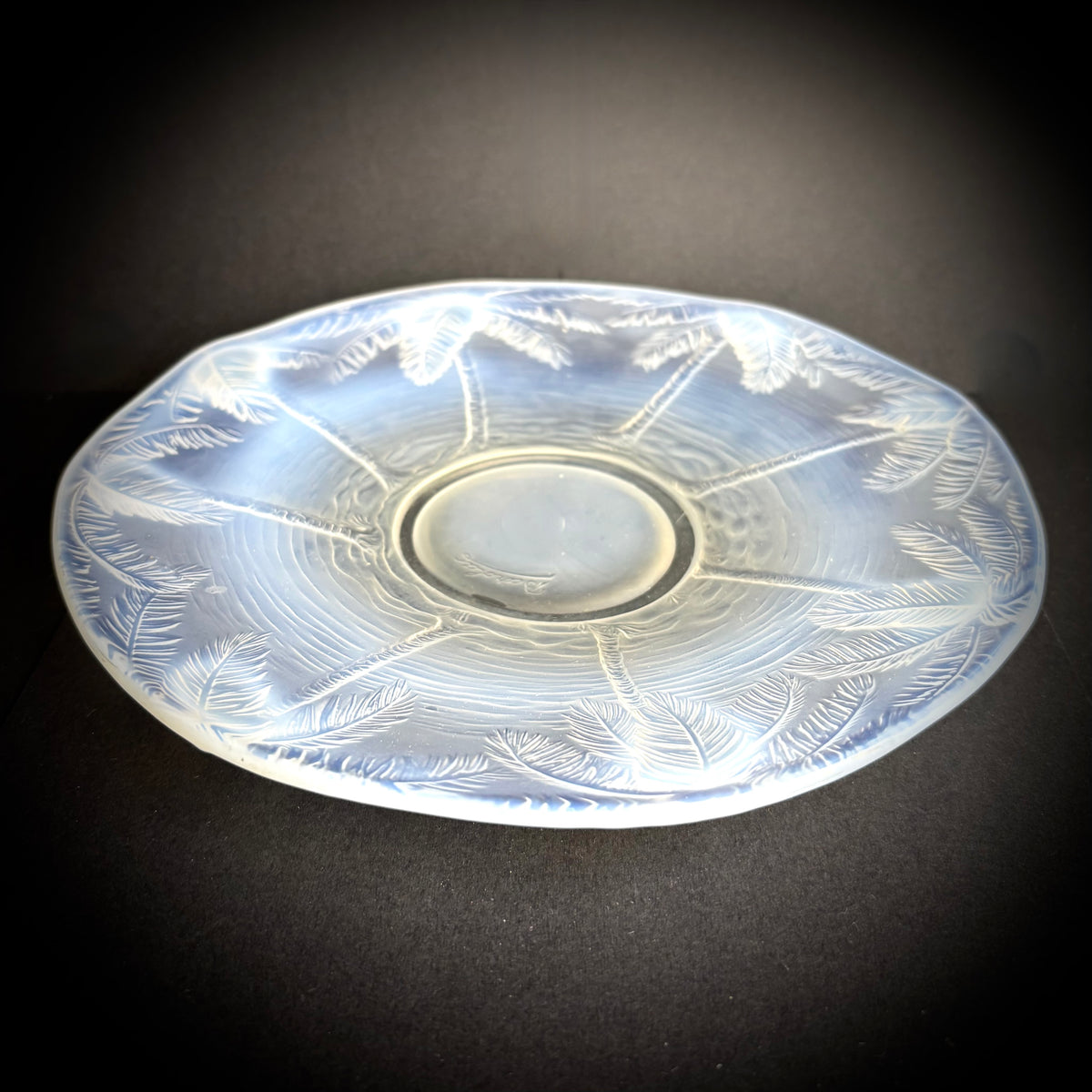 Large Art Deco Barolac Opalescent Glass Palm Tree Dish c1930s Signed