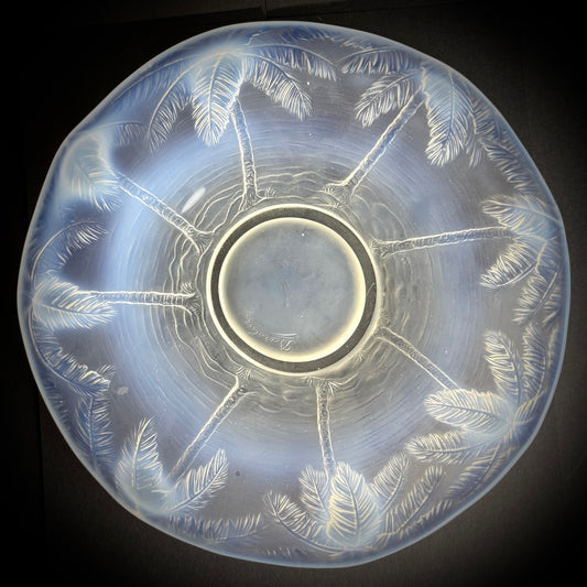 Large Art Deco Barolac Opalescent Glass Palm Tree Dish c1930s Signed