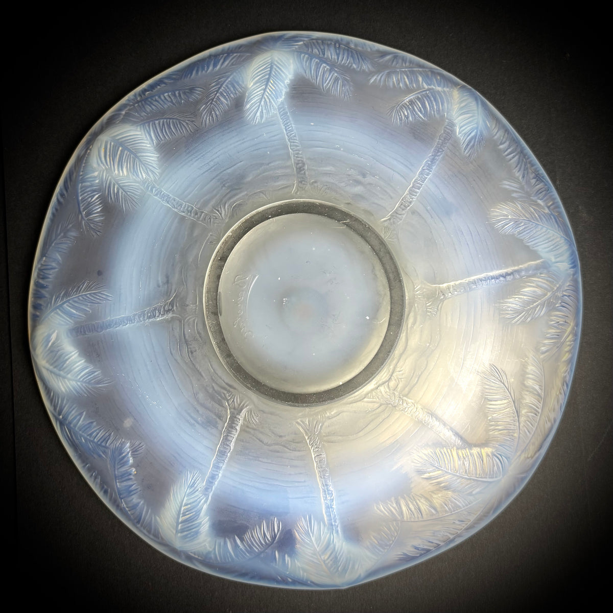 Large Art Deco Barolac Opalescent Glass Palm Tree Dish c1930s Signed