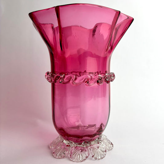 Victorian Cranberry Glass Vase with Applied Trail & Footed Base c.1900