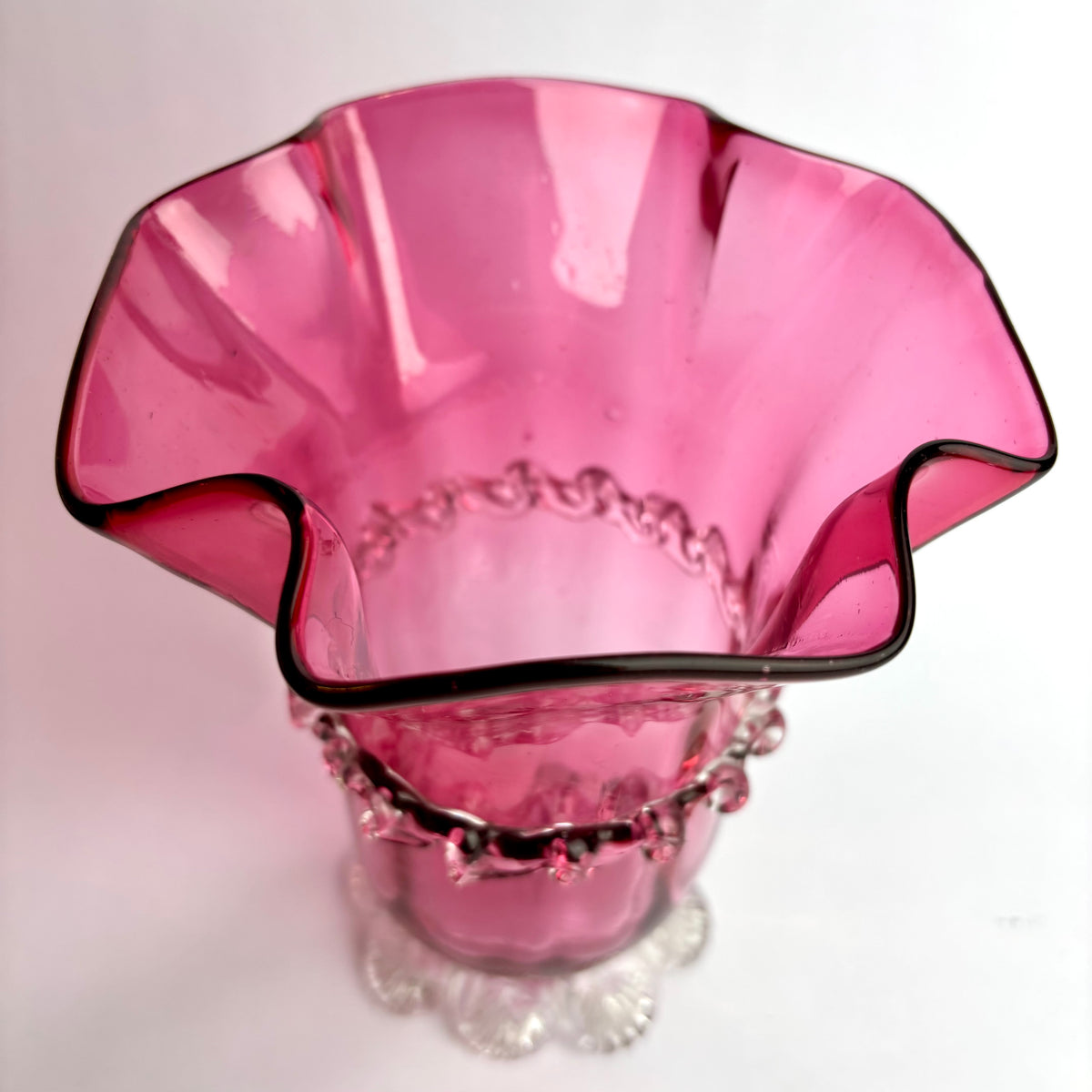 Victorian Cranberry Glass Vase with Applied Trail & Footed Base c.1900