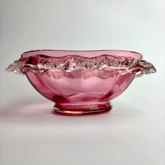 Victorian Cranberry Glass Square Bowl with Applied Clear Rim  c. 1880–1900
