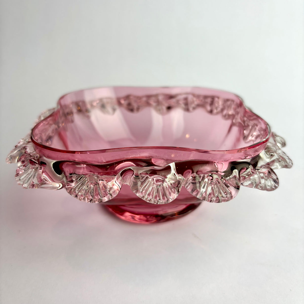 Victorian Cranberry Glass Square Bowl with Applied Clear Rim  c. 1880–1900