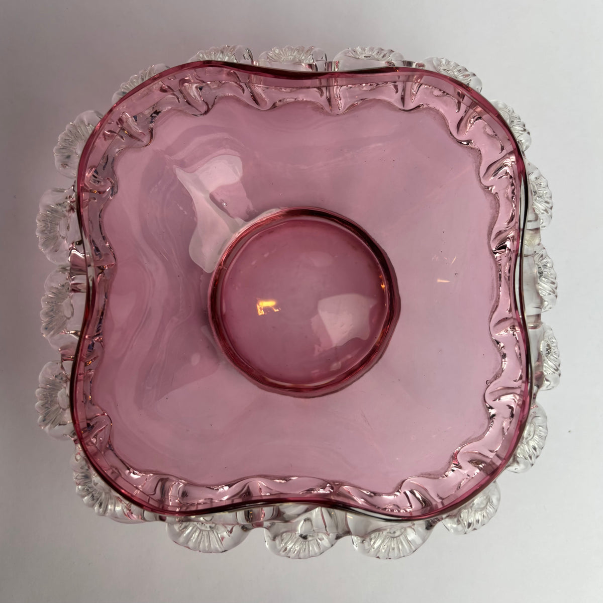 Victorian Cranberry Glass Square Bowl with Applied Clear Rim  c. 1880–1900