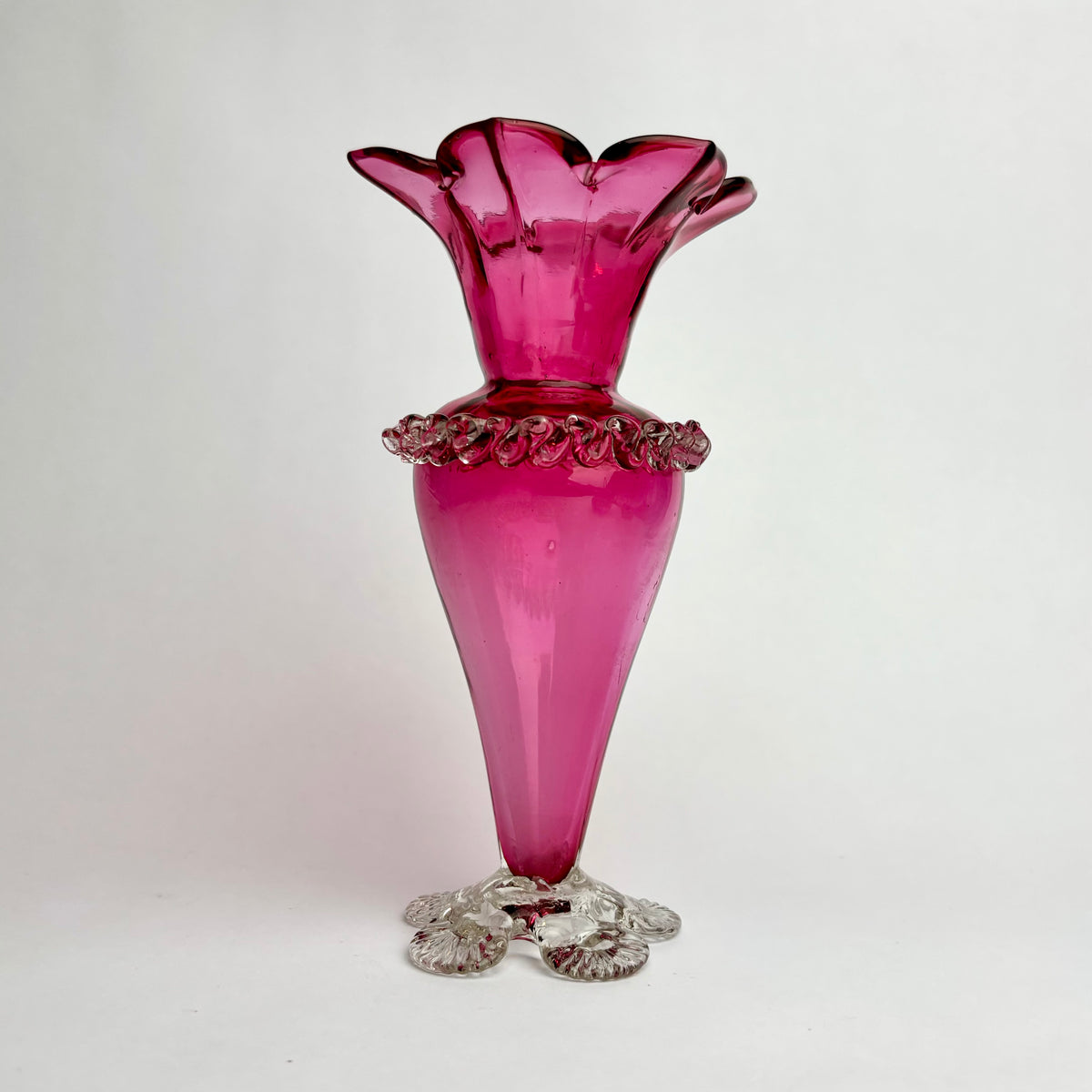 Antique Victorian Cranberry Glass Vase with Rigaree Band