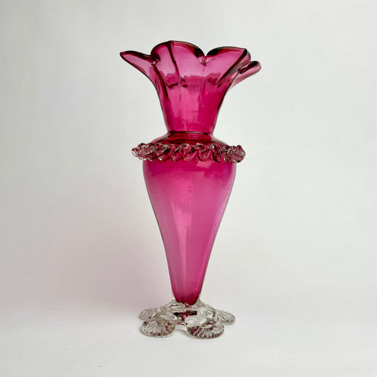 Antique Victorian Cranberry Glass Vase with Rigaree Band