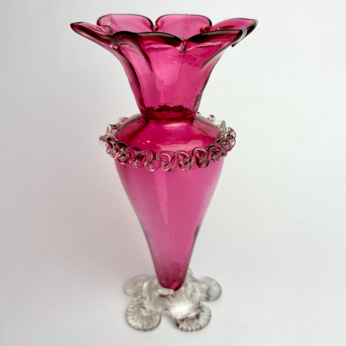 Antique Victorian Cranberry Glass Vase with Rigaree Band
