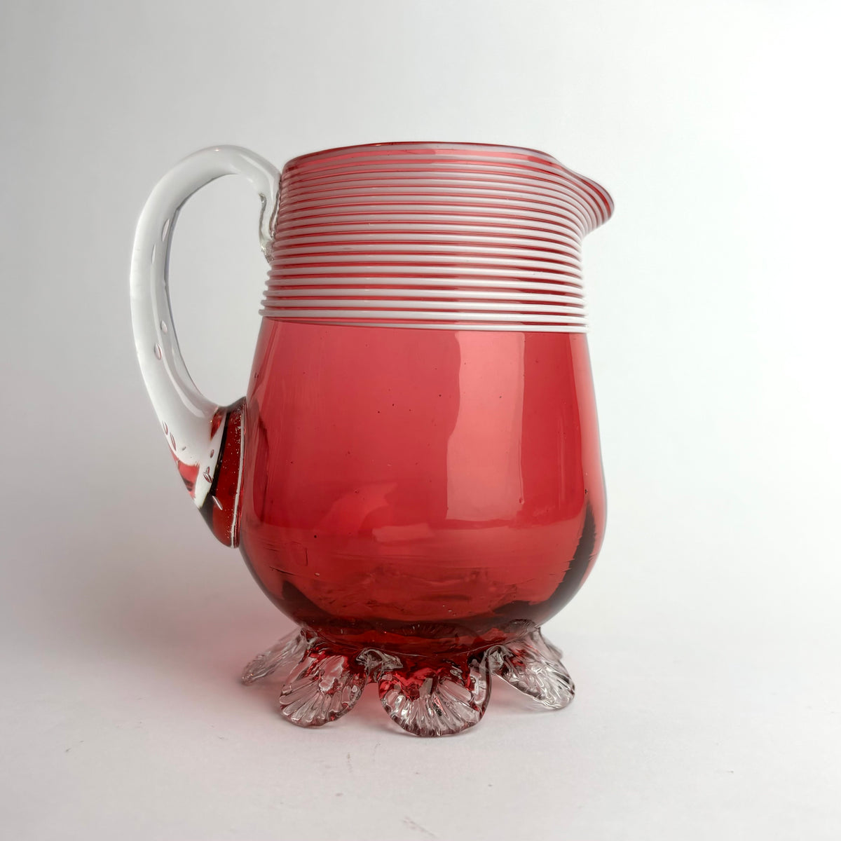 Antique Victorian Cranberry Glass Jug with Threaded Rim  England, c. 1880–1900