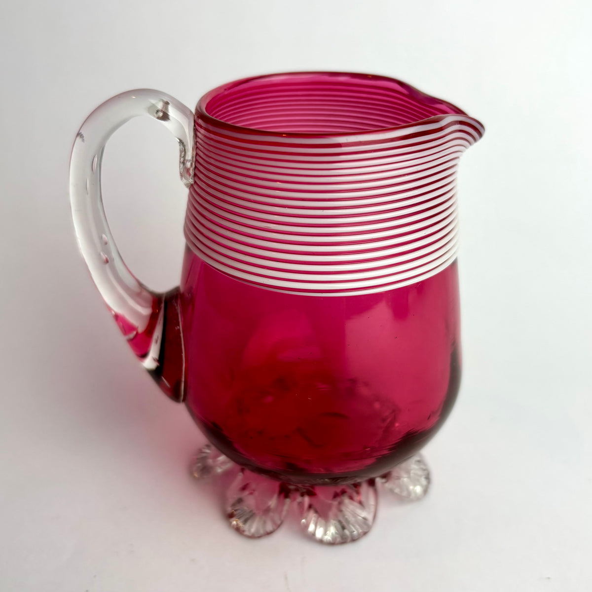 Antique Victorian Cranberry Glass Jug with Threaded Rim  England, c. 1880–1900