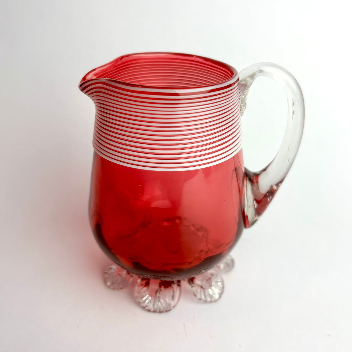 Antique Victorian Cranberry Glass Jug with Threaded Rim  England, c. 1880–1900