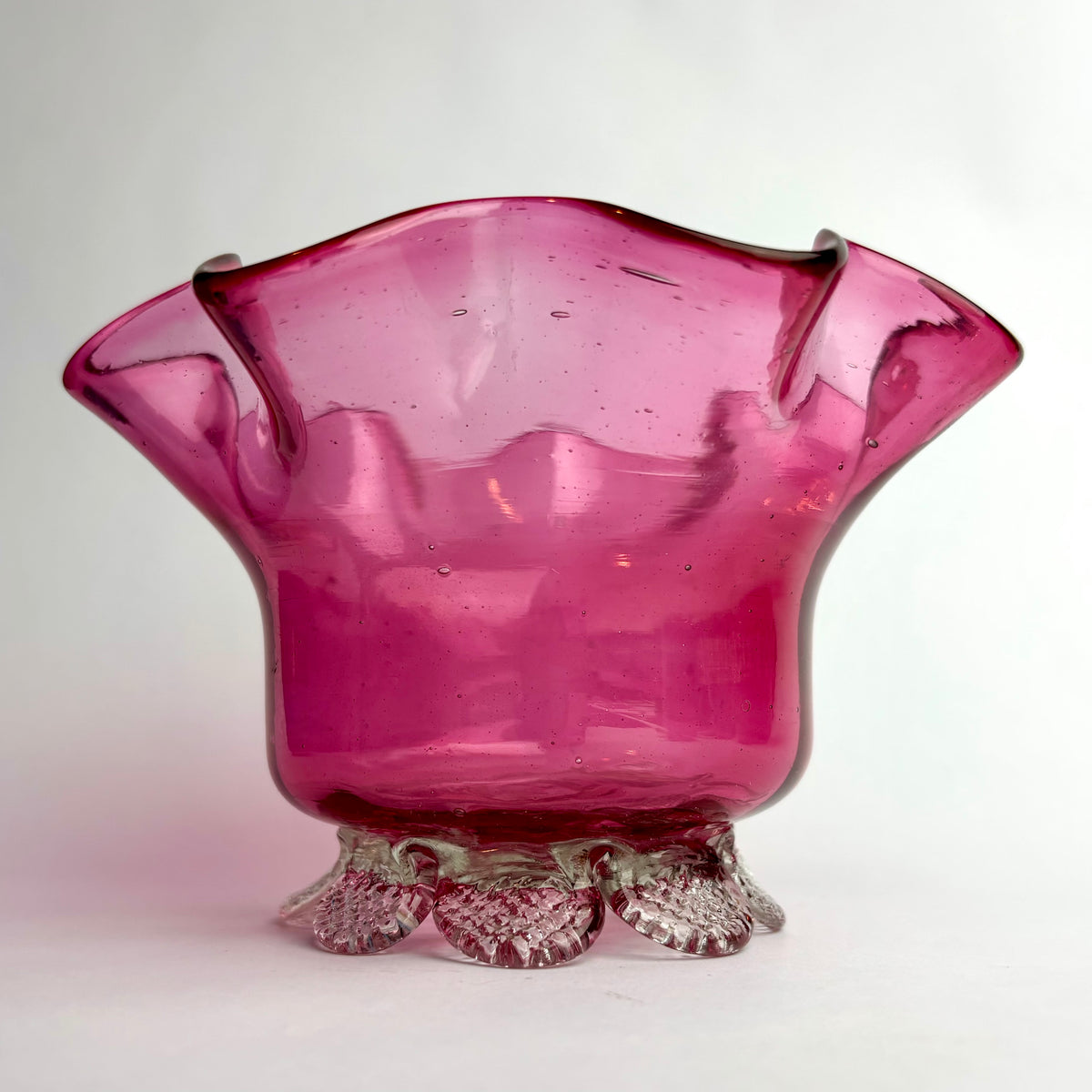 Victorian Cranberry Glass Vase with Applied Clear Glass Feet  c. 1880–1900
