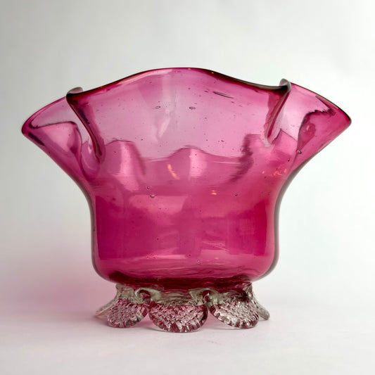 Victorian Cranberry Glass Vase with Applied Clear Glass Feet  c. 1880–1900