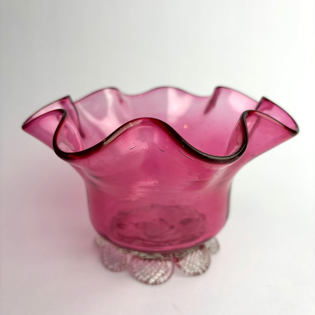 Victorian Cranberry Glass Vase with Applied Clear Glass Feet  c. 1880–1900