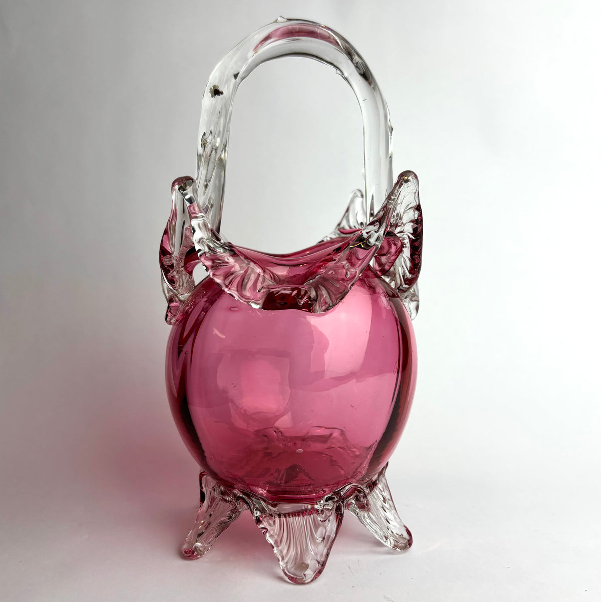 Antique Victorian Cranberry Glass Basket with Applied Feet