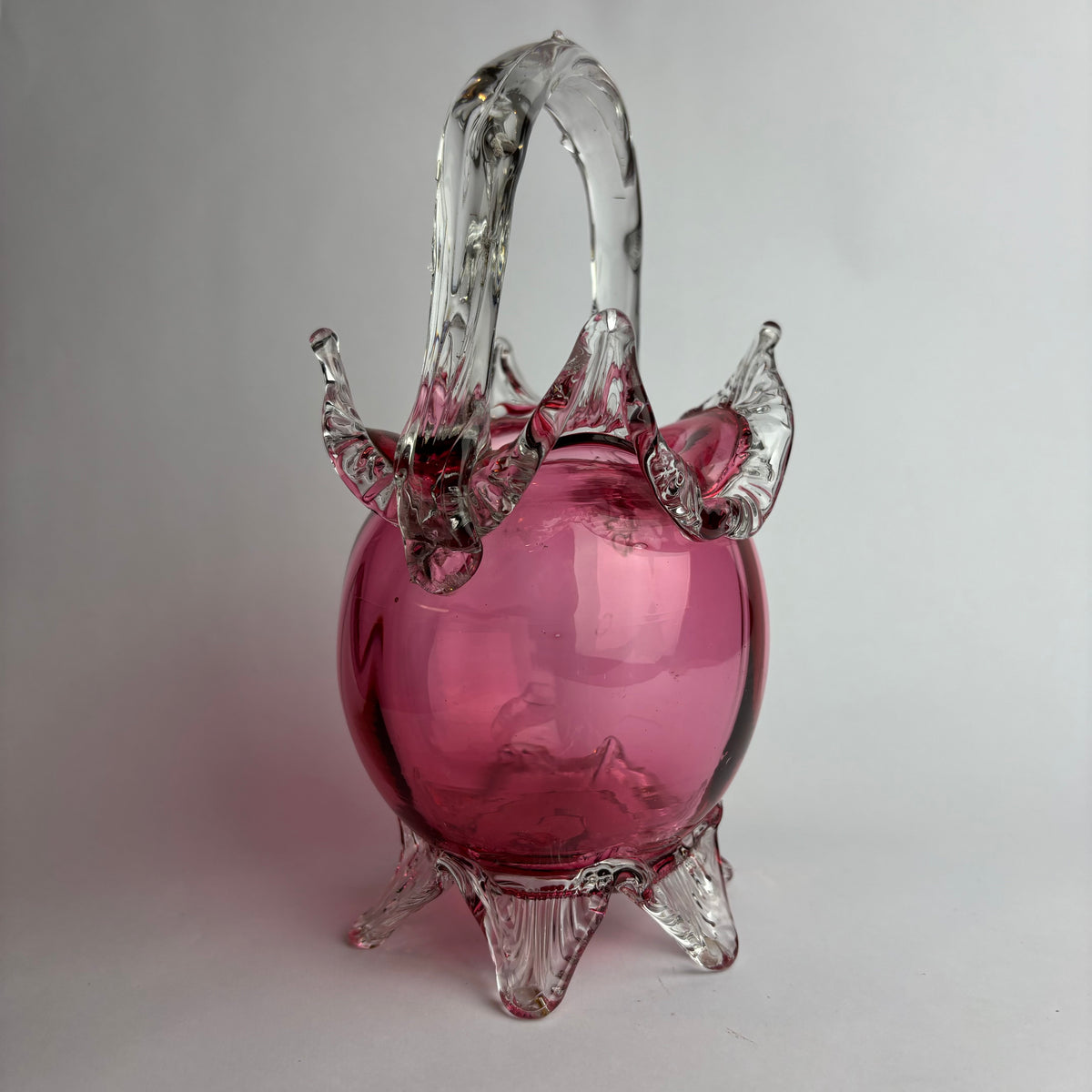Antique Victorian Cranberry Glass Basket with Applied Feet
